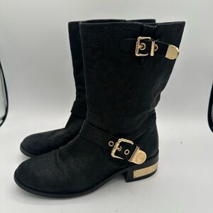 VINCE CAMUTO Winchell Black Leather Moto Mid-Calf Boots Gold Buckles Women's 9